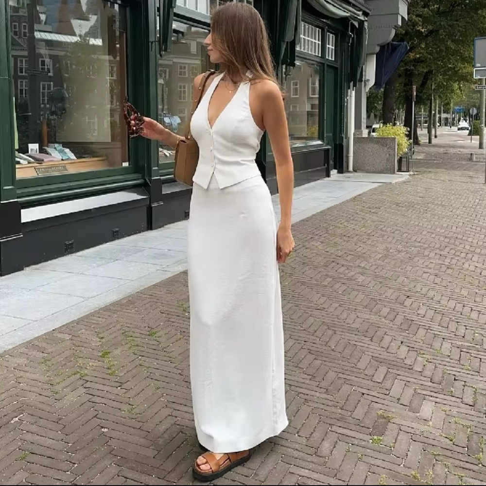 Sexy Elegant White V Neck Two Piece Sleeveless Dress - Picture 1 of 7